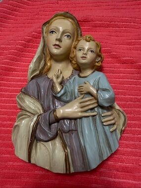 Madonna and Child Wall Plaque - Blue and Cream Religious Art, plaster.